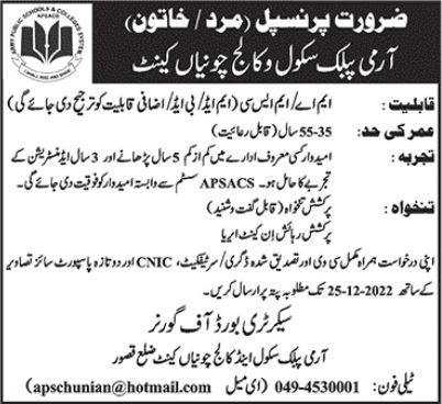 Army Public School and College Chunian Cantt Jobs 2022