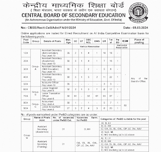 केंद्रीय माध्यमिक शिक्षा बोर्ड में सीधी भर्ती के लिए अकाउंटेंट, जूनियर अकाउंटेंट, अकाउंट ऑफिसर एवं अन्य 118 पदों की वेकेंसी