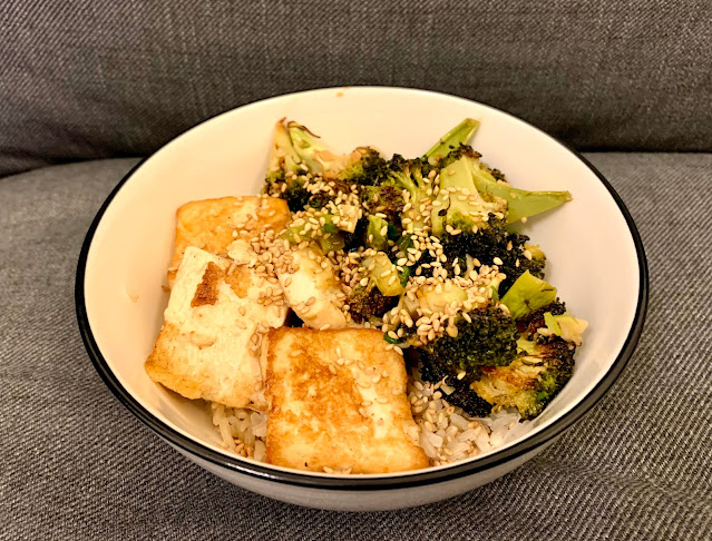 bowl of roasted broccoli, fried tofu and rice
