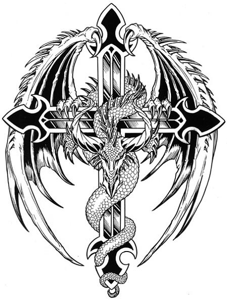 tattoo cross. Winged dragon and cross tattoo