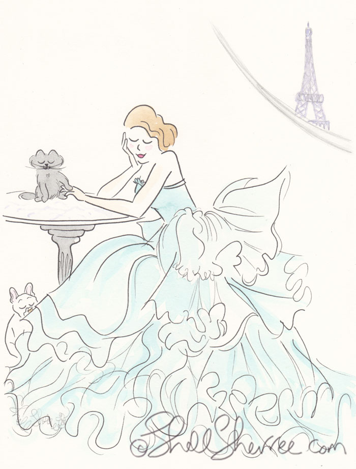 Ruffled Aqua with an Eiffel Tower View Paris illustration, Fashion & Fluffballs © Shell Sherree