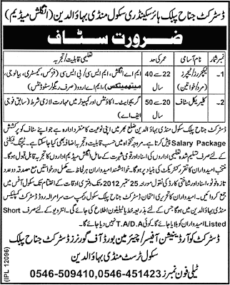 District Jinnah Public Higher Secondary School Mandi Bahauddin Jobs