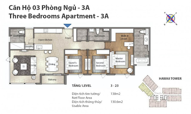 căn hộ 3 phòng ngủ tháp Hawaii dự án căn hộ Đảo Kim Cương