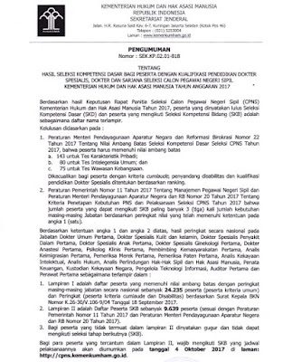  Pengumuman hasil tes SKD pada seleksi CPNS Formasi Dokter Spesialis Pengumuman Hasil SKD bagi Peserta dengan Kualifikasi Pendidikan Dokter Spesialis, Dokter dan Sarjana Seleksi CPNS Kemenkumham TA 2017
