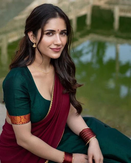 Ruhani Sharma Rings in the Festivities in Style with a Stunning Green and Maroon Half Saree