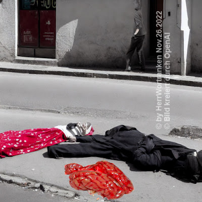 Zwei Leichen auf der Straße liegend mit blutig' roter Gehinmasse, die seitlich eines Körpers liegt