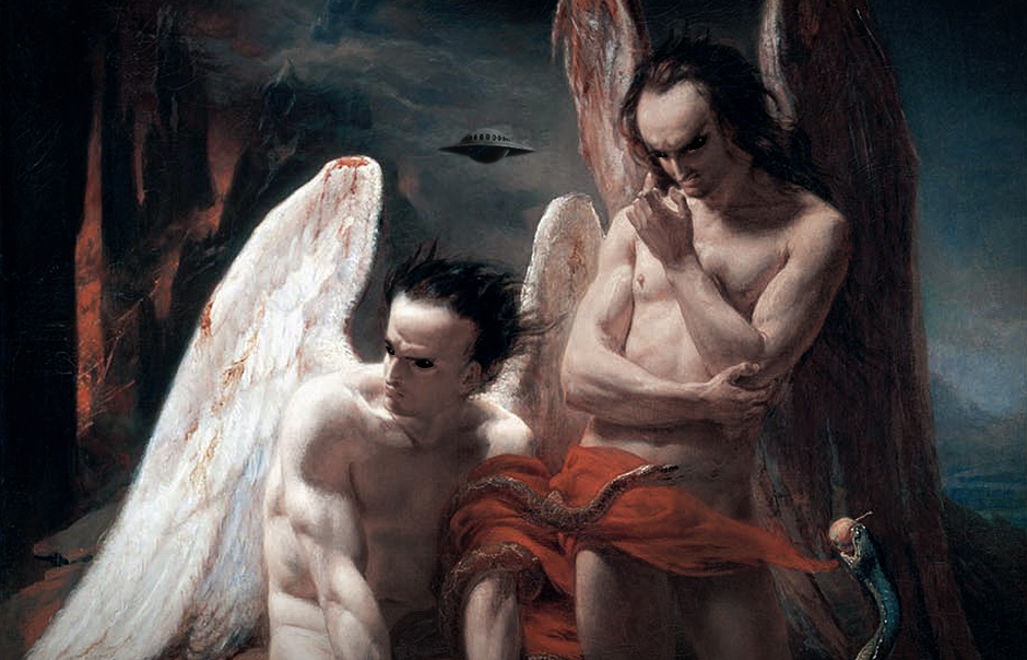Pintura de ángeles caídos con apariencia de extraterrestres en el infierno con serpientes y un ovni