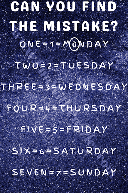 CAN YOU FIND THE MISTAKE? ONE=1=M0NDAY, TWO=2=TUESDAY, THREE=3=WEDNESDAY, FOUR=4=THURSDAY, FIVE=5=FRIDAY, SIX=6=SATURDAY, SEVEN=7=SUNDAY