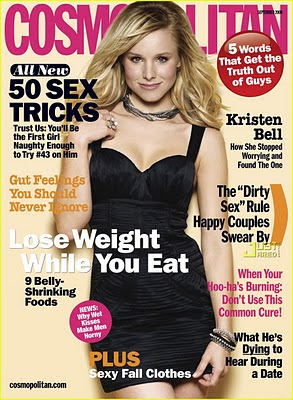 Cosompolitan magazine cover, featuring "sex" headline in the upper left.