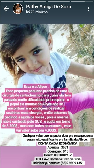 RADIALISTA PEDE AJUDAR PARA REALIZAR CIRUGIA DA FILHA ,NO VALE DO PIANCÓ ....