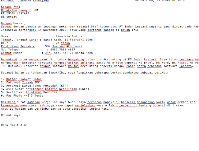 Contoh Surat Lamaran Kerja Lulusan SMA SMK Jurusan Akuntansi