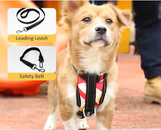 MUGENTER Adjustable Dog Safety Vest Harnesses, Outdoor Walking Safety Chest Straps, Vest Harness with Car Seat Belt Restraint Lead for Small Medium Large Extra-Large Dogs