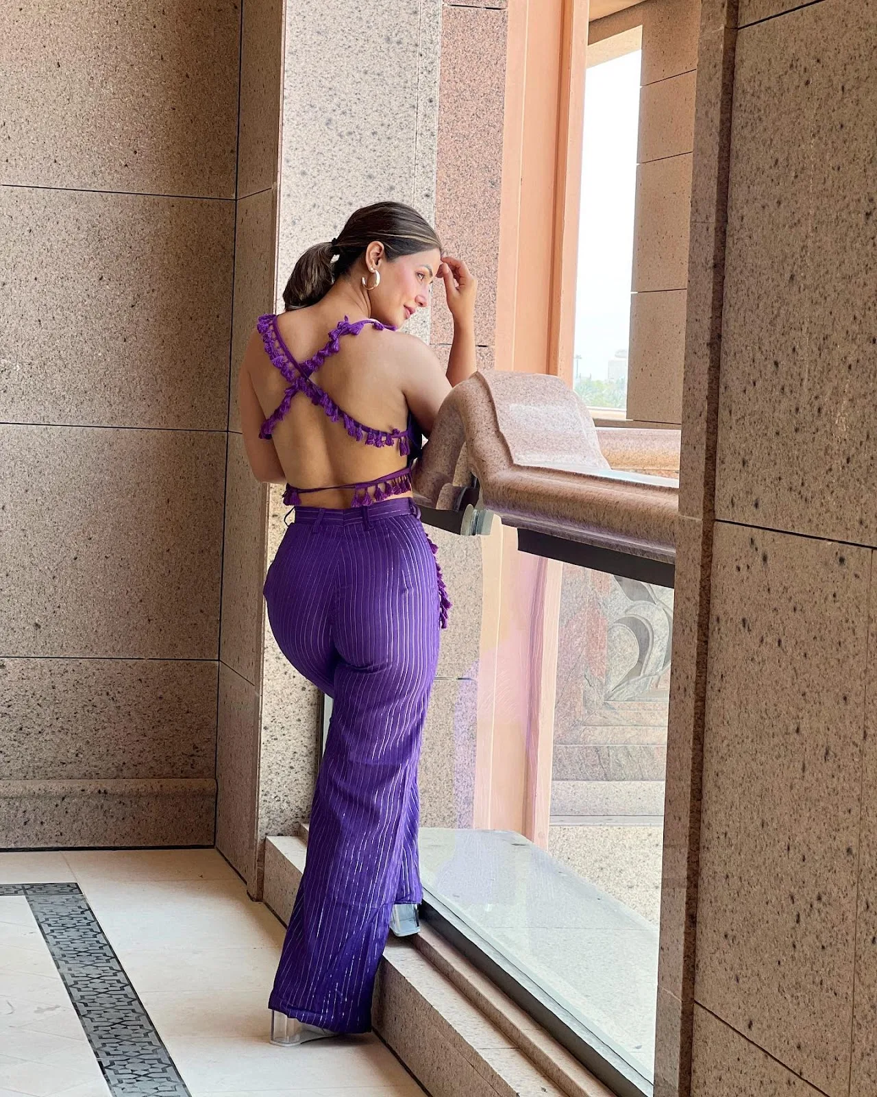 Hina Khan backless purple top pants