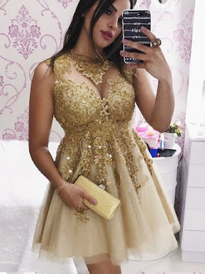  Sparkly Gold Short Prom Dress with Appliques, Lace Party Dress