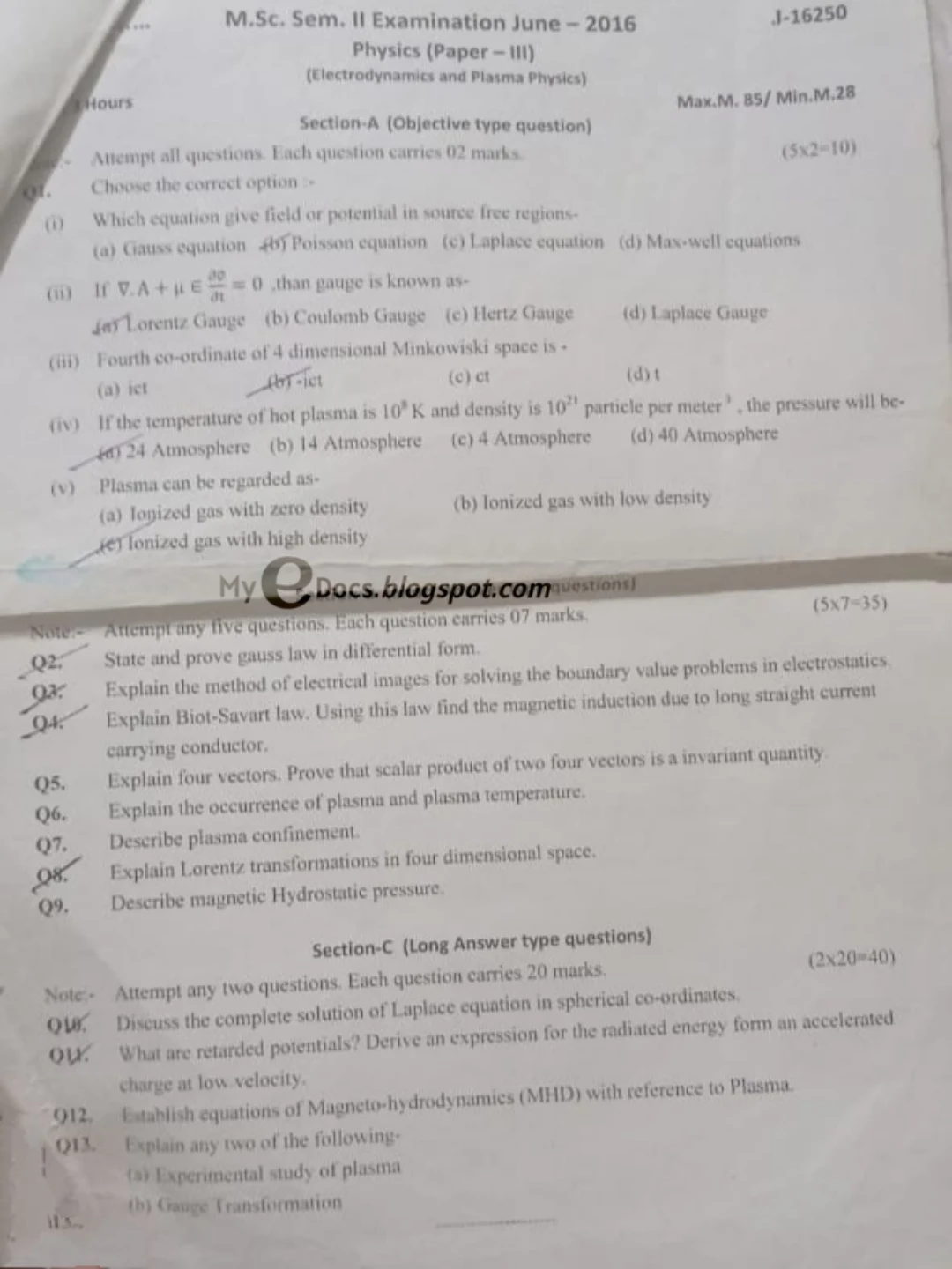 Msc Physics Electrodynamics and plasma physics Previous year Question
