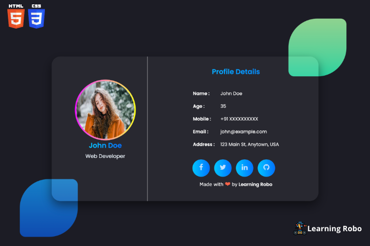 Responsive Glass morphism horizontal profile card with social icons and bio details Using HTML CSS.