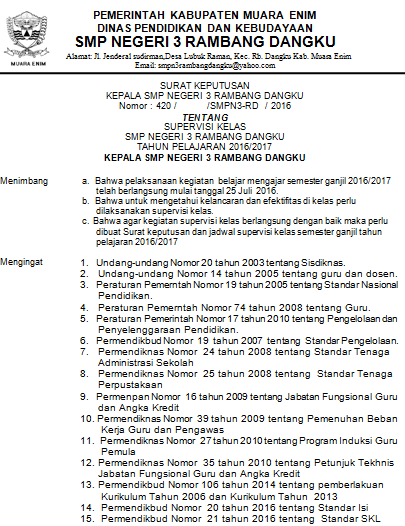 SK Supervisi Kelas Tahun Pelajaran 2016/2017 - Info Guru 