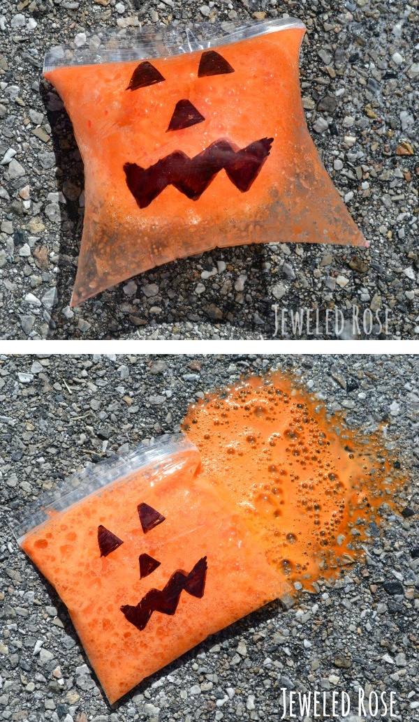 Wow the kids with this exploding baggie experiment perfect for Halloween.  Make ghosts and pumpkins explode using a sidewalk chalk recipe. #explodingsidewalkchalk #explodingscienceexperiments #explodingbaggieexperiment #explodingbaggies #Halloween #Halloweenscience #halloweenexperimentsforkids #scienceexperimentskids #growingajeweledrose #activitiesforkids