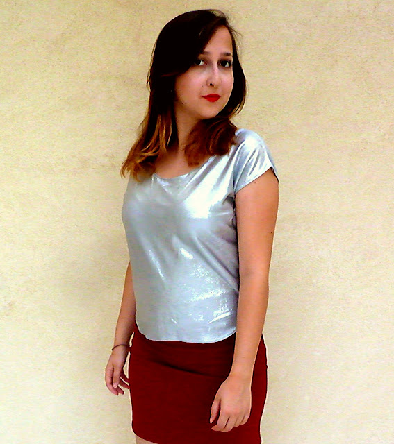 silver shirt, metallic shirt