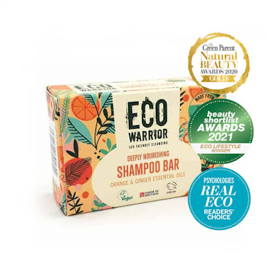 Eco Warriors Orange and Ginger shampoo bar with award icons