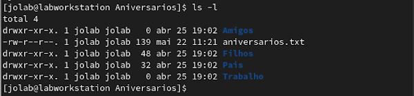 Comando ls com a opção -l, mostrando o conteúdo da pasta Aniversarios assim como os metadados