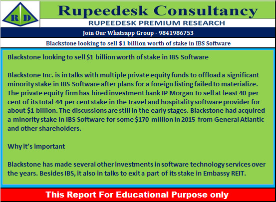 Blackstone looking to sell $1 billion worth of stake in IBS Software - Rupeedesk Reports - 09.02.2023