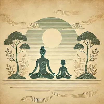 A minimalist illustration of a parent and child meditating together in a serene natural setting, with soft sunlight filtering through trees, symbolizing mindful parenting and inner peace