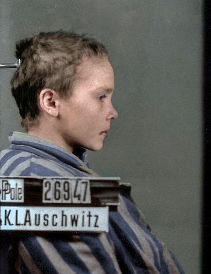 Digital Artist Colorizes The Last Heartbreaking Pictures Of A 14-Year-Old Polish Girl In Auschwitz - Czesława sat in front of the camera mere minutes after she had been beaten by a female prison guard.