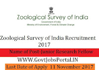 Zoological Survey of India Recruitment 2017– 31 Junior Research Fellow