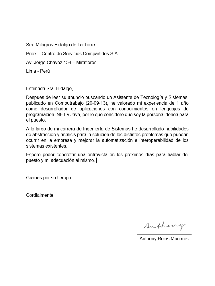 Carta de presentacion para curriculum