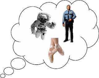 Thought bubble with ballet slippers, policeman, and astronaut