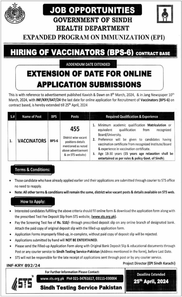 Sindh Health Department Jobs 2024 – 455 Vaccinator Vacancies Date Extended