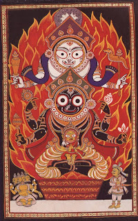 Images from Puri, of Vishnu as Krishna-Jagannatha (middle) with his elder brother Balabhadra (top) and younger sister Subhadra (bottom); Patta Paintings