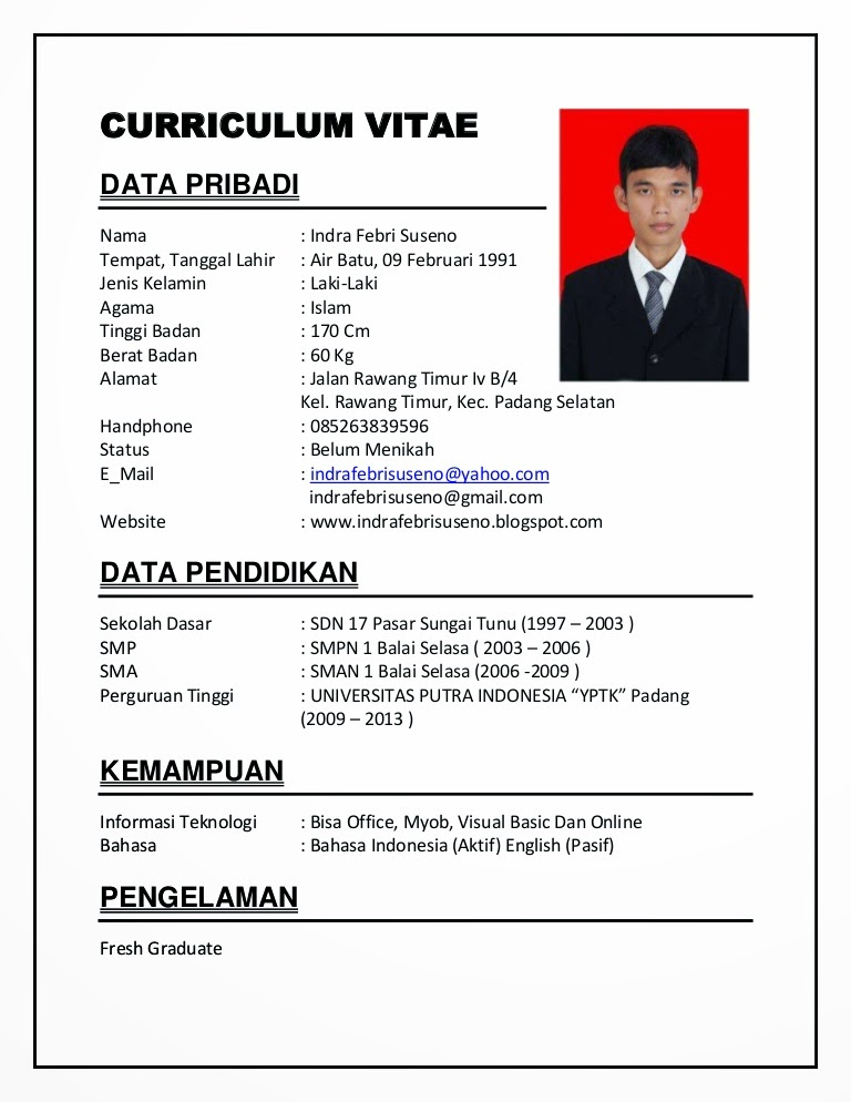 Contoh Curriculum Vitae (CV) dan Tips Membuat Curriculum 