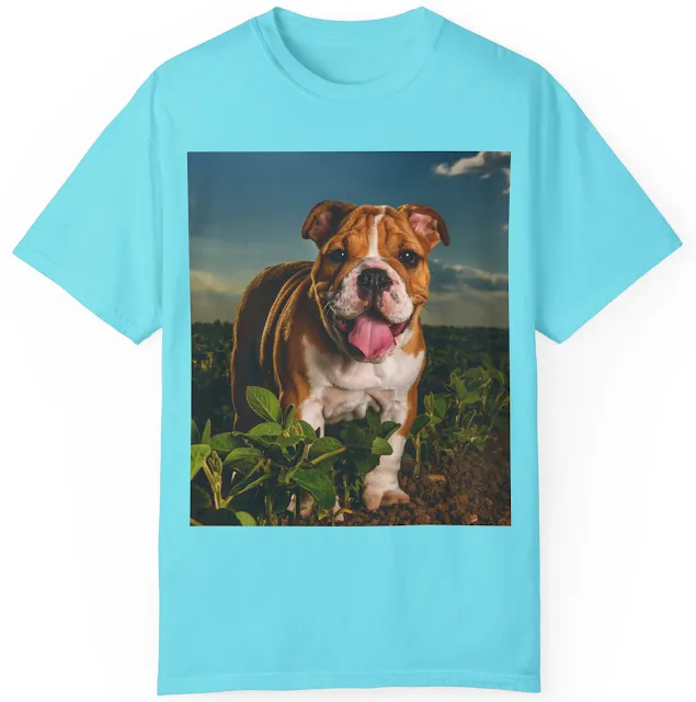 Unisex Garment Dyed Comfort Colors T-Shirt With Open Mouthed Golden Brown Bulldog Standing on the Middle of a Agriculture Field