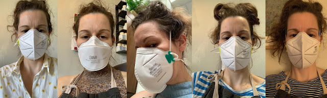 6 selfies of a person wearing different n95 masks
