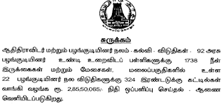 G.O Ms. No. 39 Dt: May 25, 2022 - ஆதிதிராவிடர் மற்றும் பழங்குடியினர் நலம் - கல்வி - விடுதிகள் - 92 அரசு பழங்குடியினர் உண்டி உறைவிடப் பள்ளிகளுக்கு 1738 நீள் இருக்கைகள் மற்றும் மேசைகள், மலைப்பகுதிகளில் உள்ள 22 பழங்குடியினர் நல விடுதிகளுக்கு 324 இரண்டடுக்கு கட்டில்கள் வாங்கி வழங்க ரூ. 2,85,50,065/- நிதி ஒப்பளிப்பு செய்தல் - ஆணை வெளியிடப்படுகிறது.