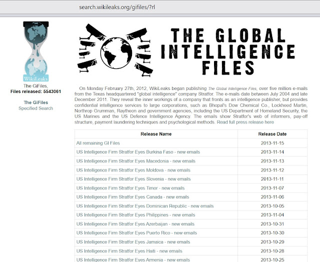 Uno screenshot della pagina contente i "Global Intelligence Files" sul sito di Wikileaks