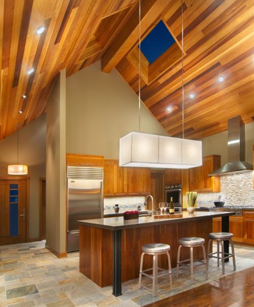  Dapur  cantik dan bersih dengan desain plafon  kayu Gypsum Minimalis