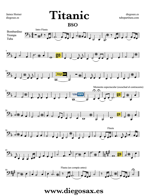  Partitura de Titanic para Bombardino, Trombón y Tuba Elicón "Rose". Track número 4 del CD de su banda Sonora por James Horner. Podéis tocar la partitura mientras suena la música. (Euphonium Tube Sheet music for Titanic music score)