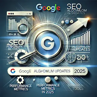 An eye-catching graphic highlighting Google algorithm updates in 2025. Featuring SEO metrics, adaptability arrows, and modern analytics tools, this design represents the dynamic nature of search engine optimization and strategies for staying ahead in rankings."