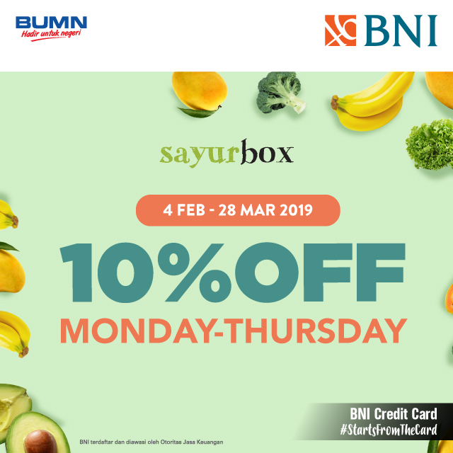 #BankBNI - #Promo Diskon 10% di Sayurbox Pakai Kartu Kredit BNI (s.d 28 Mar 2019)