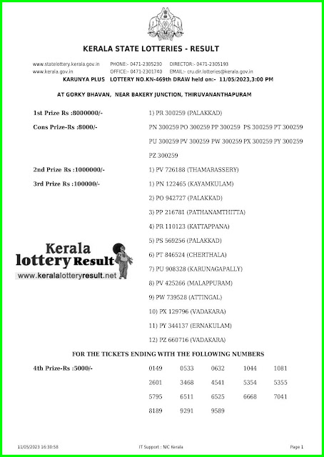 Off. Kerala Lottery Result; 11.05.2023 Karunya Plus Lottery Results Today "KN 469"