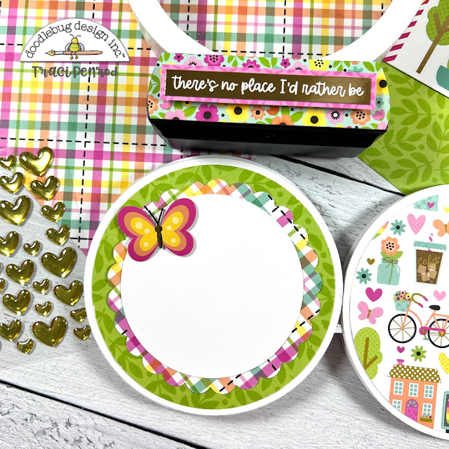 Spring Round Mini Album Page with a pretty butterfly, plaid paper, and scalloped photo mats