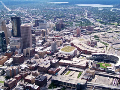 The Minneapolis Skyline with an aerial view of Target Field