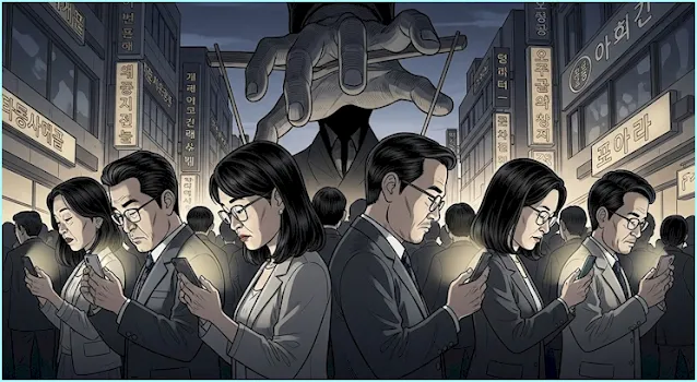 번화한 한국 도심에서 스마트폰에 몰두한 다양한 정치 성향의 사람들이 서로 등지고 고립된 모습과, 그들을 조종하는 듯한 거대한 그림자 손이 드리워진 정치 스릴러풍 일러스트.