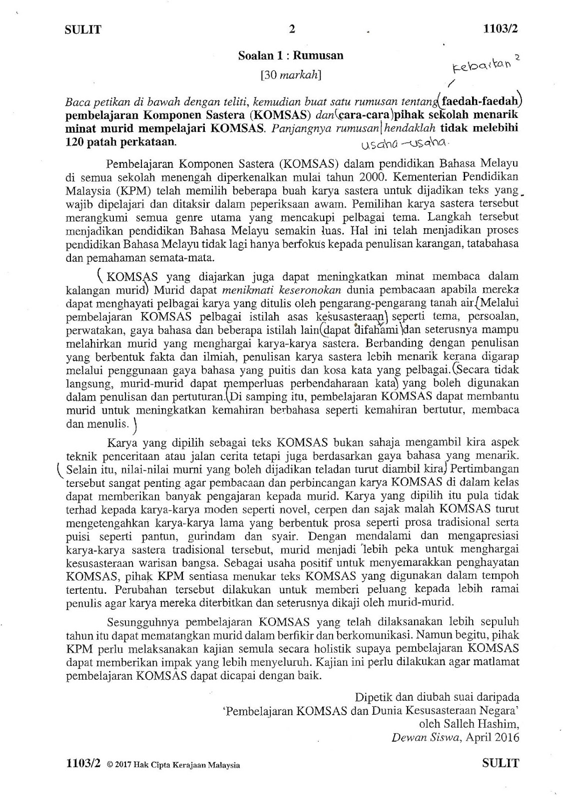 Laman Bahasa Melayu SPM SOALAN KERTAS BAHASA MELAYU 2 (1103/2) SPM 2017