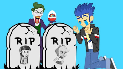 A strange video thumbnail showing Flash mourning dead Twilight Sparkle and Applejack. Joker is seen holding a surprise egg with his mouth open.