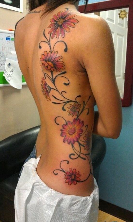 Daisy Natural Flower Tattoos, Flower Tattoos of Daisy for Women, Women Full Back with Daisy Tattoos, Women, Parts, Flower.