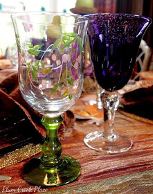 Plumcreek Place - Purple, gold, bronze, and copper Fall tablescape.
